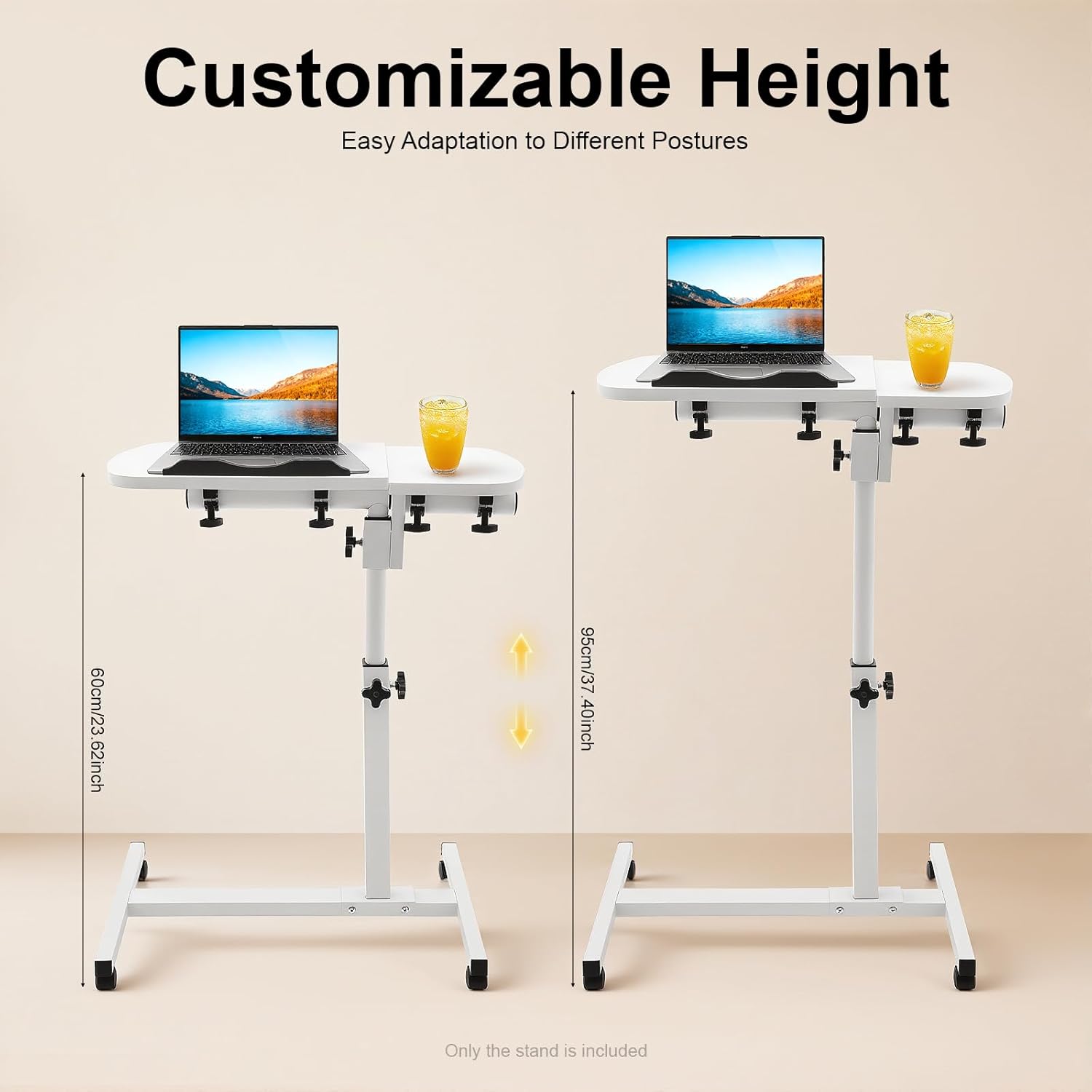 Adjustable Laptop Desk Stand with 360° Rotatable Desktop, White Mobile Computer Workstation with Tilted Panel, Lockable Swivel Wheels, Height Adjustable Overbed Table for Home Office Bedroom Study