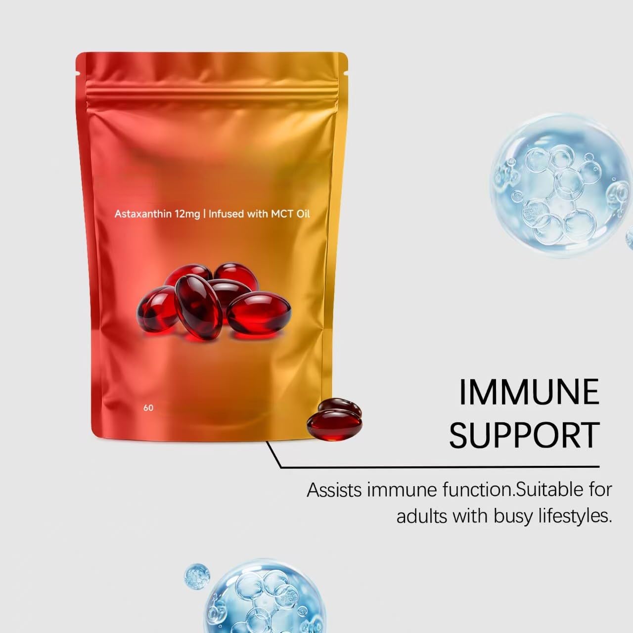 Astaxantina 12 mg| con olio MCT |Fonte di microalghe fresche | Supporti per occhi e pelle| Non OGM, senza glutine (60 conteggi),3Pcs