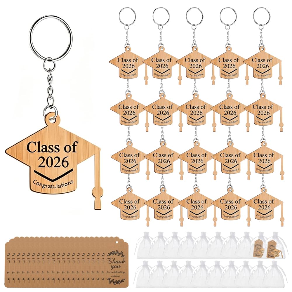 Kqwvz 20 Pieces School Leaver Doctoral Cap Keyring Gifts, School Leaver Gift Teacher To Pupil, Wooden Graduation Keyring With 20 Organza Bags, Class Of 2026 End Of Term Graduation Gifts