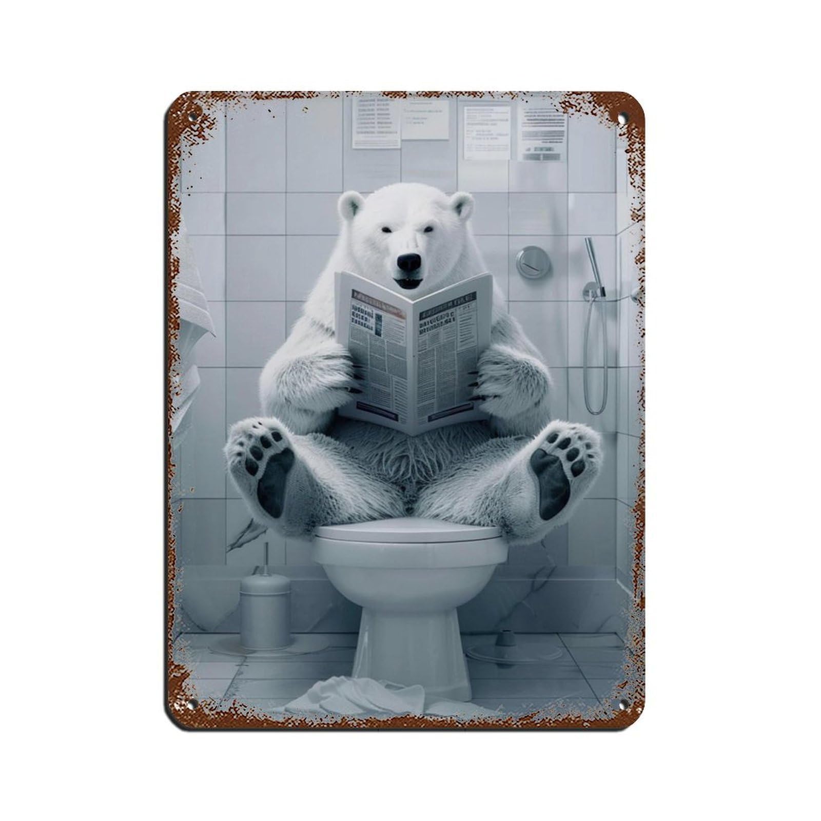 Lxwnze 30L X 40W Cm Polar Bear Sitting On The Toilet Reading A Newspaper (5) Tin Sign Vintage Metal Pub Club Cafe Bar Home Wall Art Decoration Poster Retro 12X16inch(30X40cm)