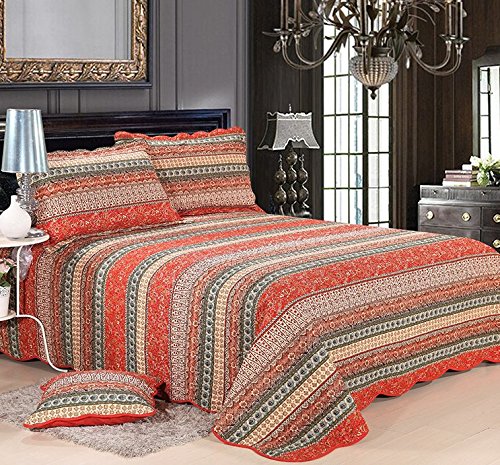 Hnnsi Exotic Bohemian Quilt Sets Queen Size 3 Pieces, Comfy Cotton Striped Patchwork Boho Bedspread Sets Boho Bedding Sets #TOP2