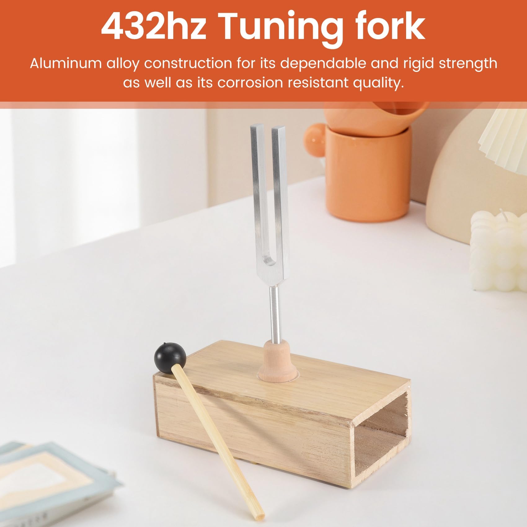 omolly 432 Hz Tuning Fork Set including Wooden Resonance Box and Silicone Hammer, Aluminum Alloy Weighted Tuning Fork - Image 3