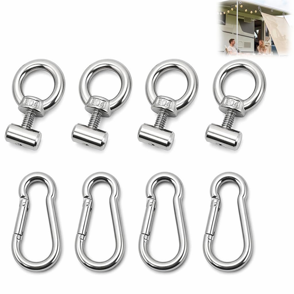 4 Set Kederstopper 6 mm, Edelstahl 304 Markisenhaken Kederstopper M4 x 12 mm mit Karabiner, Kederschiene Zubehör für Caravan, Wohnmobil, Wohnwagen, Campervan, Boot, Camping Zelt und Vorzelt