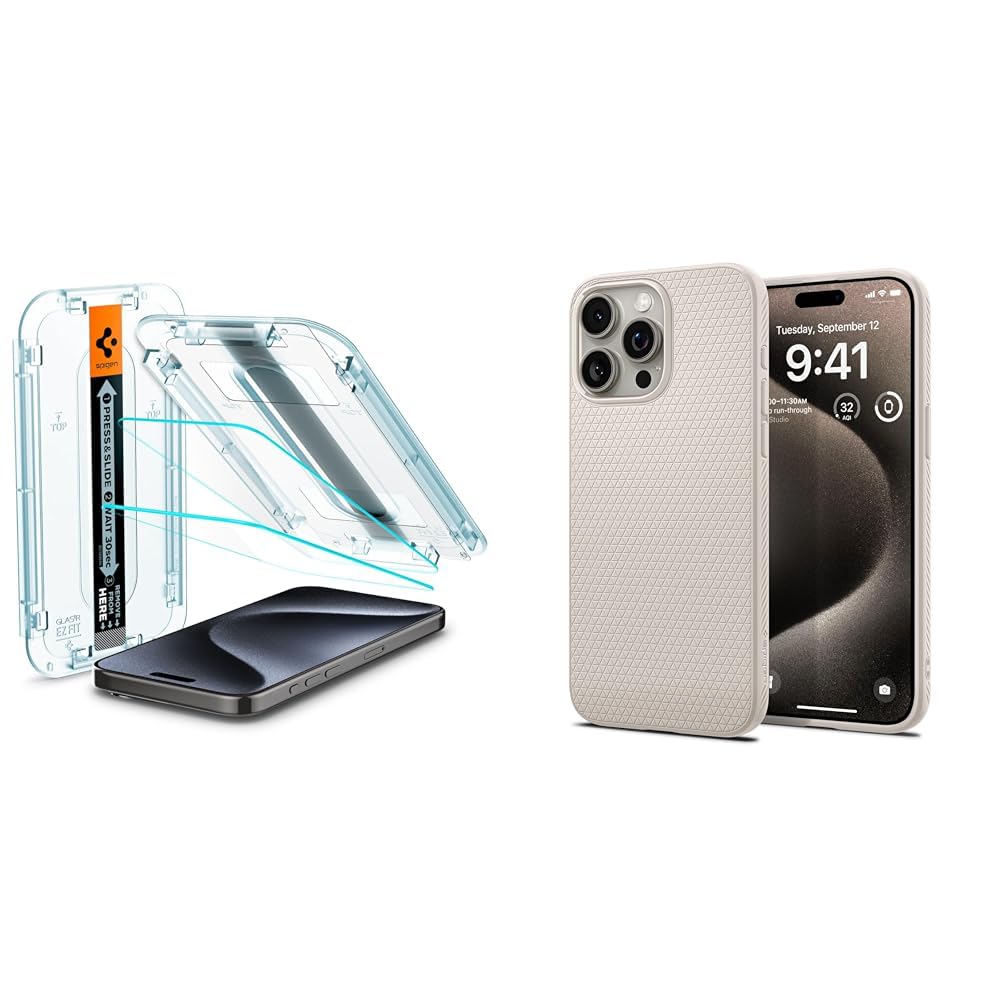 Spigen iPhone 15 Pro Cam Ekran Koruyucu Kolay Kurulum Glas.tR EZ Fit Slim HD (2 Adet) - AGL06892 & iPhone 15 Pro Kılıf Liquid Air Natural Titanium - ACS07217