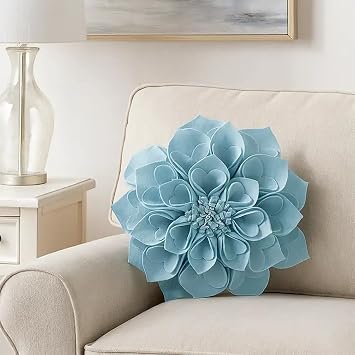 Fennco Styles Handmade 3D Heart-Shaped Petals Flower Decorative Filled Throw Pillow 13" Round - Aqua Floral Pillow for Couch, Home Decor and Holiday, Housewarming Gift