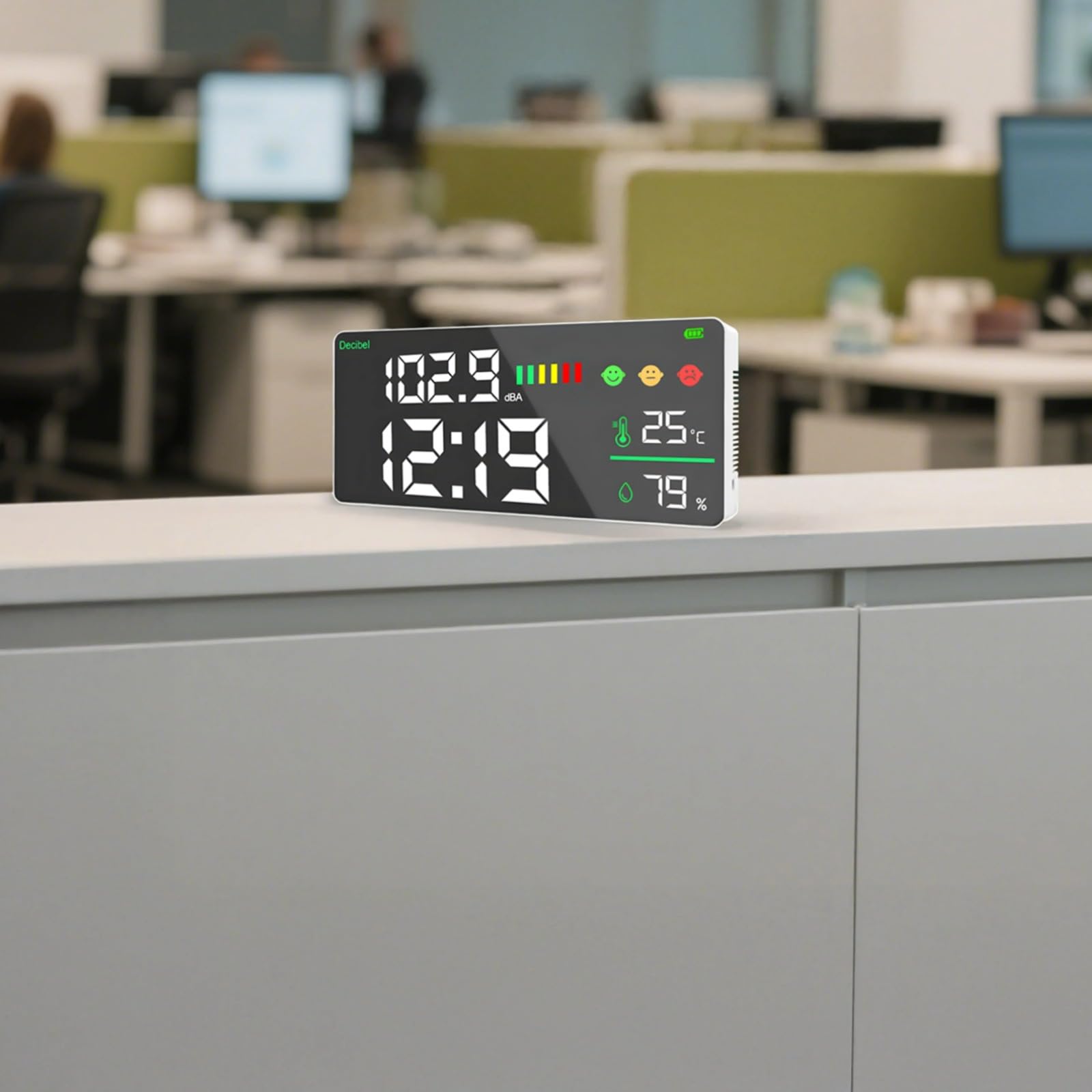 Geräuschmesser für Klassenzimmer, digitaler Schallpegelmesser mit Temperatur und Luftfeuchtigkeit, LED-Display, Echtzeitüberwachung, farbcodierte Indikatoren