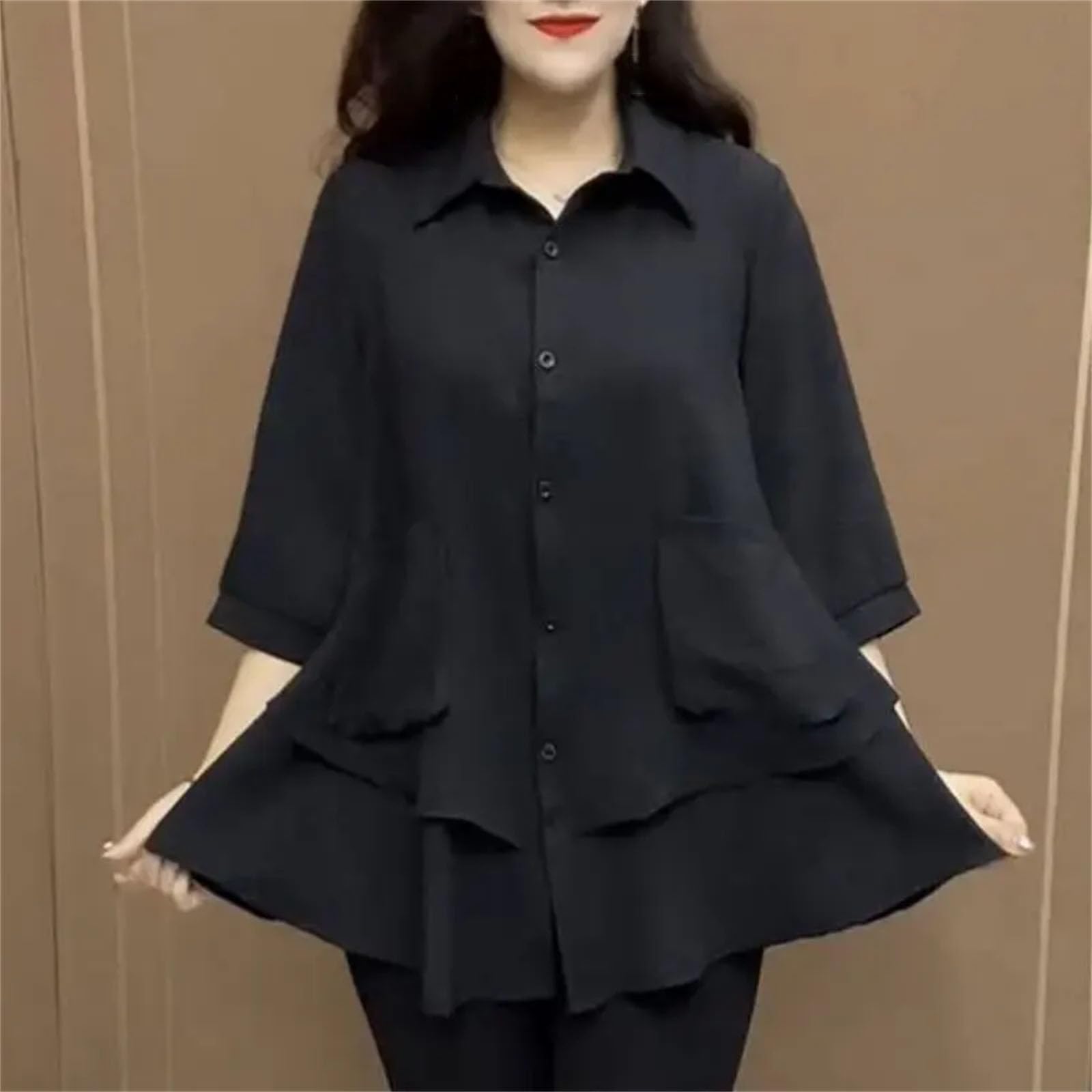 Blusa holgada con bolsillos de retazos para mujer, con solapa, manga 3/4, color liso, camisa de un solo pecho