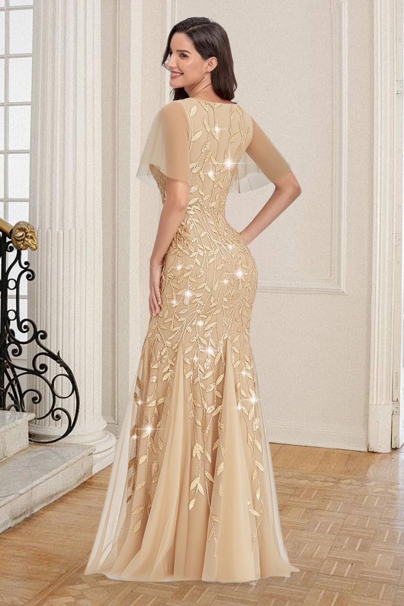 Women's Formal Evening Gowns Long Sparkly Sequin Elegant Tulle Sleeve Mother of Bride Dress Bodycon Maxi Prom Dresses