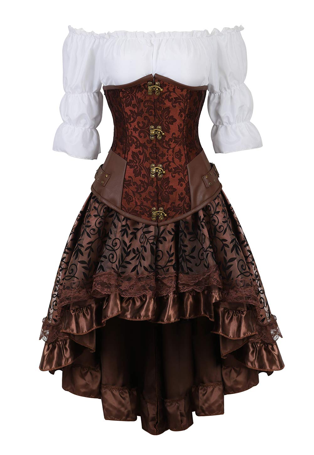 Grebrafan Corset Cuir Serre Taille avec Jupe Steampunk et Chemisier