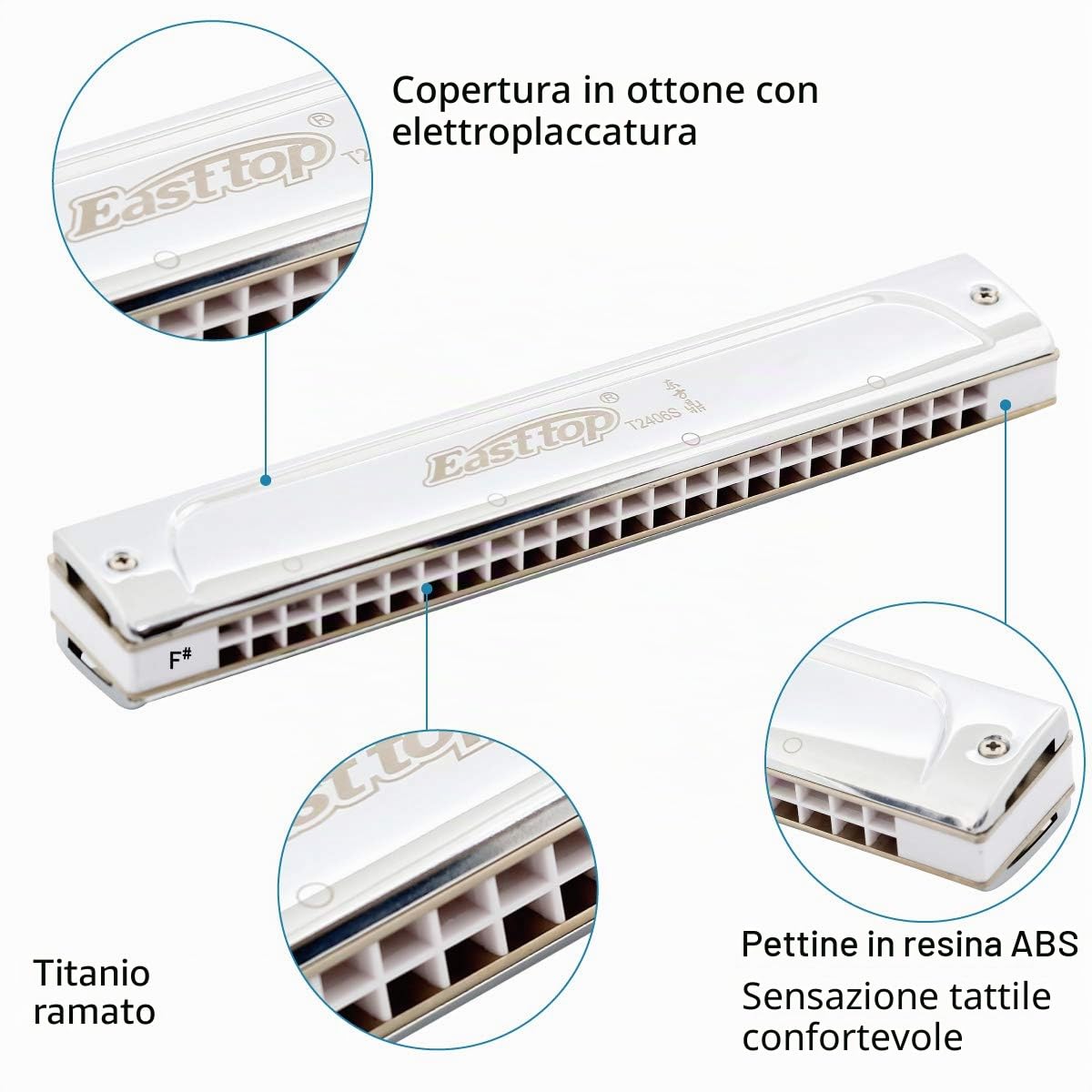 East Top 24 fori Armonica tremolo professionale Chiave di F #, T2406S Armonica Per adulti, musicisti professionisti e studenti