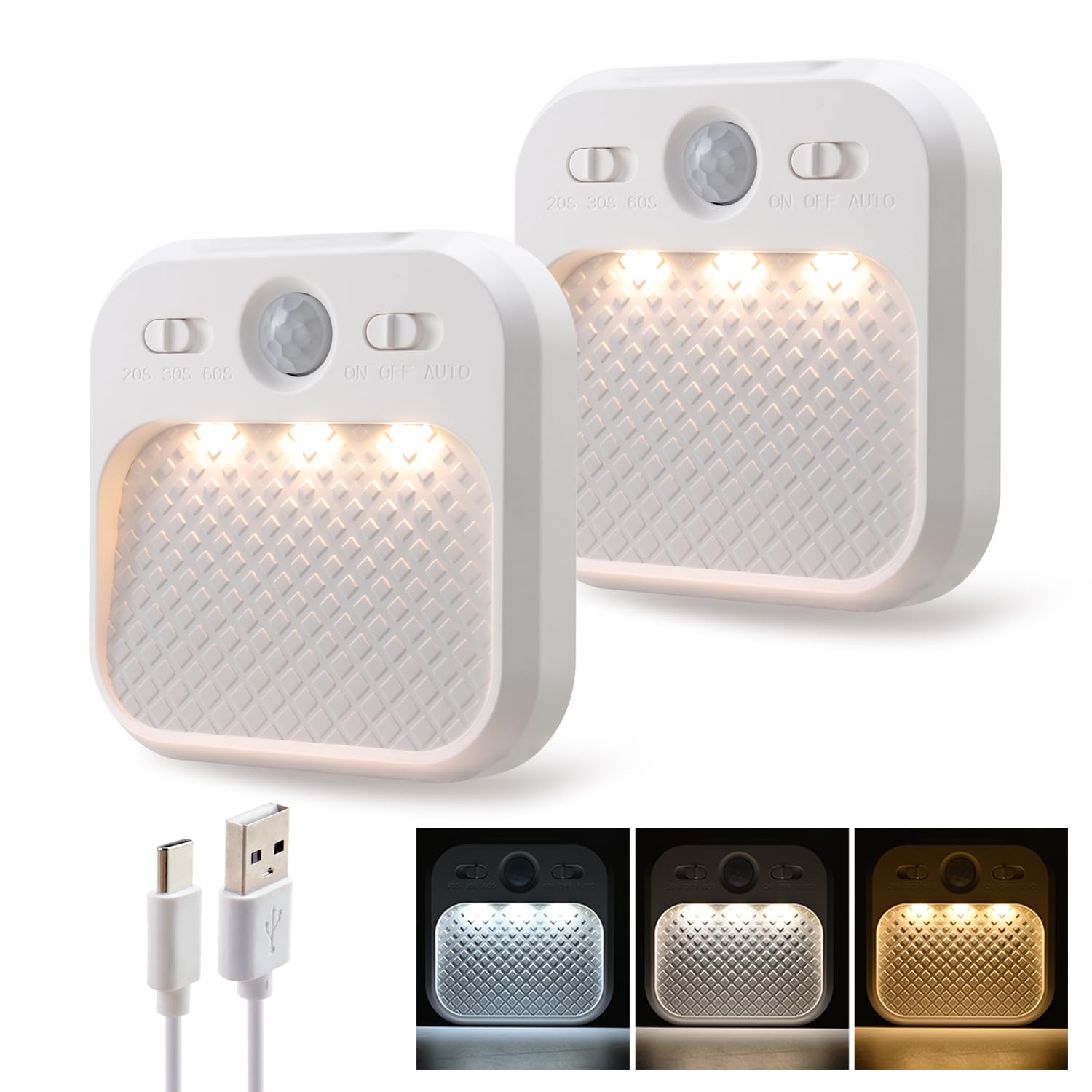 Led Night Light with Motion Detector 2 Pack, Cabinet Light Dimmable with Timer Function, Staircase Lighting 3 Color Temperature 3000/4500/6000K, Hallway Light Rechargeable 600mAh for Children's Room