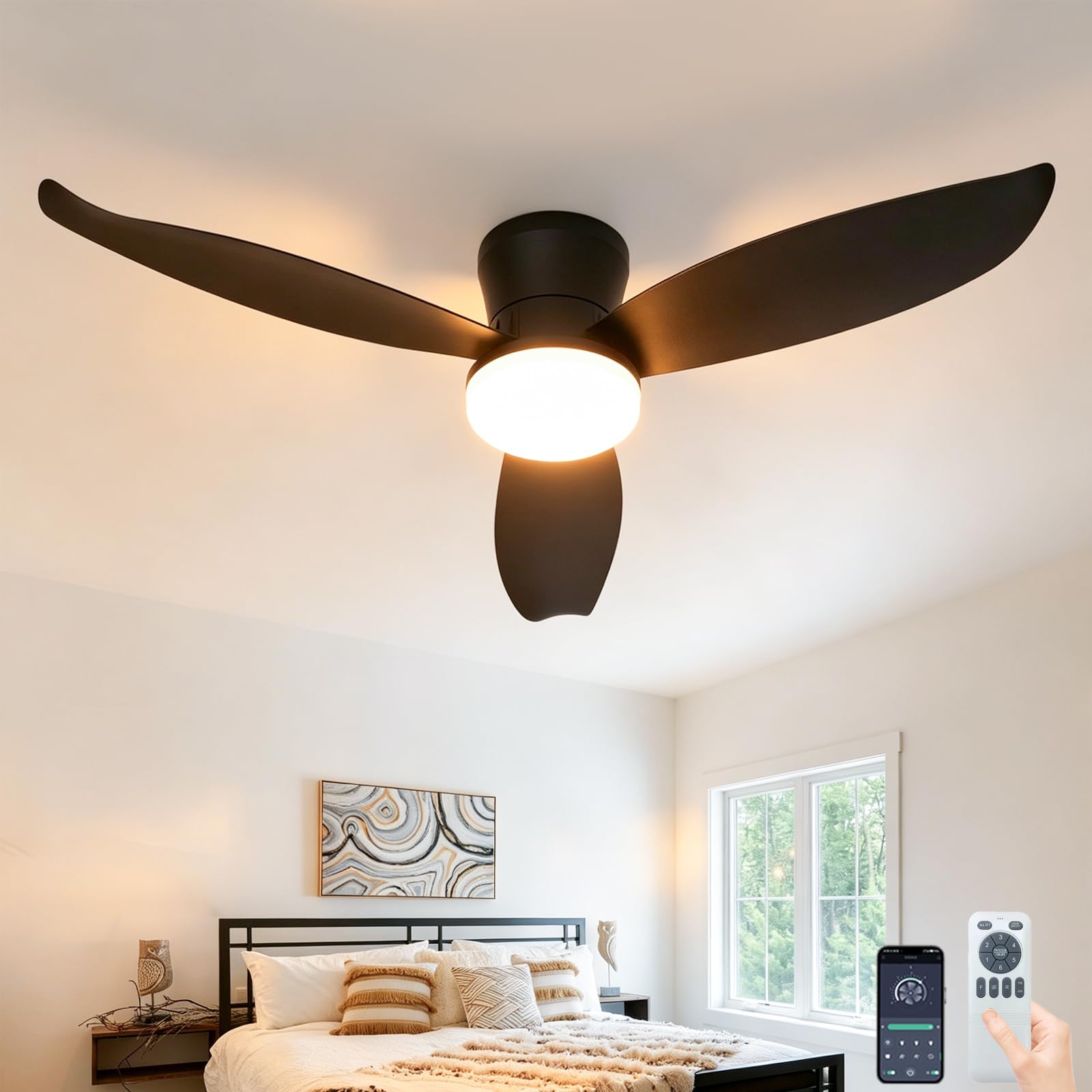 Fachae Imitation Wood Fan Light Ceiling for Bedroom Living Room Kitchen 42in,48W LED Dimmable Fan Lamp with Remote & APP,3000K-6000K,6 Speeds & Timers,Detachable Compact Ceiling Fan Light with Remote