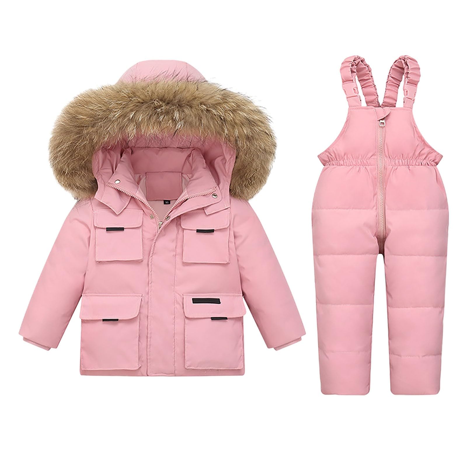 Mädchen Skianzug mit Kaputze Junge Skijacke + Skihose Zweiteiler Kinder Schneeanzug Winddicht Skianzüge Einfarbig Daunenjacke Schneehosen Anzug Skianzug