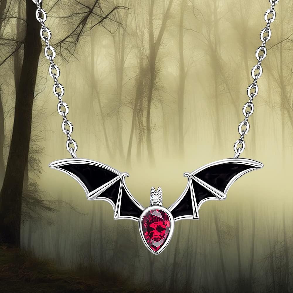Halloween Bat Necklace Sterling Silver for Women Black Ruby Amethyst Sapphire Diamond Cubic Zirconia Choker Vampire Witch Ghost Vintage Gothic Festival Classic Witch Funny Cute Dainty Christmas Gift