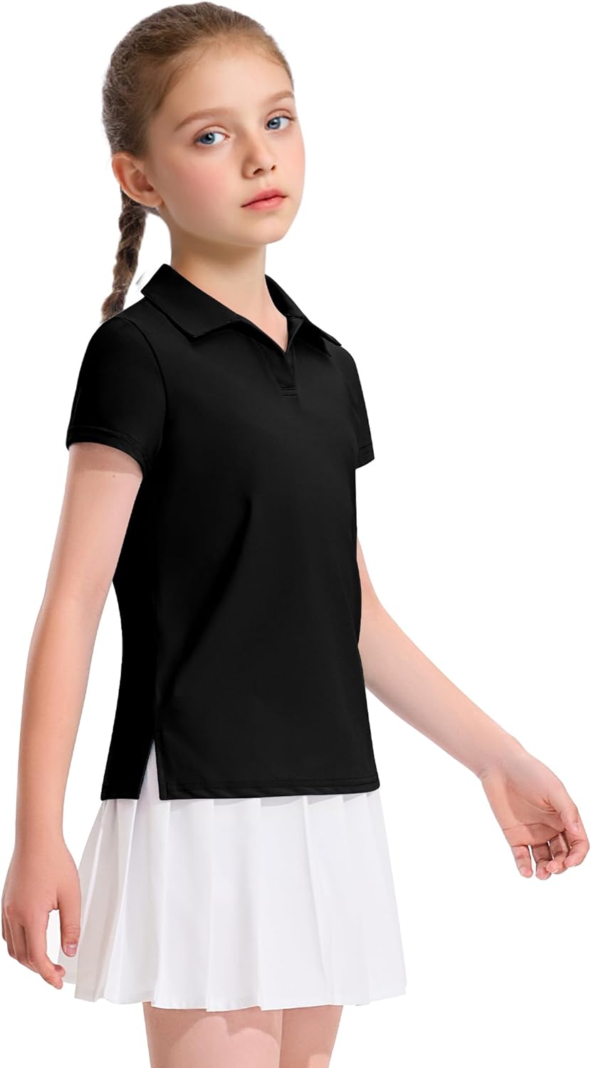 KEREDA Girls Polo Shirts Golf Tennis School Uniform Short Sleeve T Shirts V-Neck Collared Quick Dry Tops
