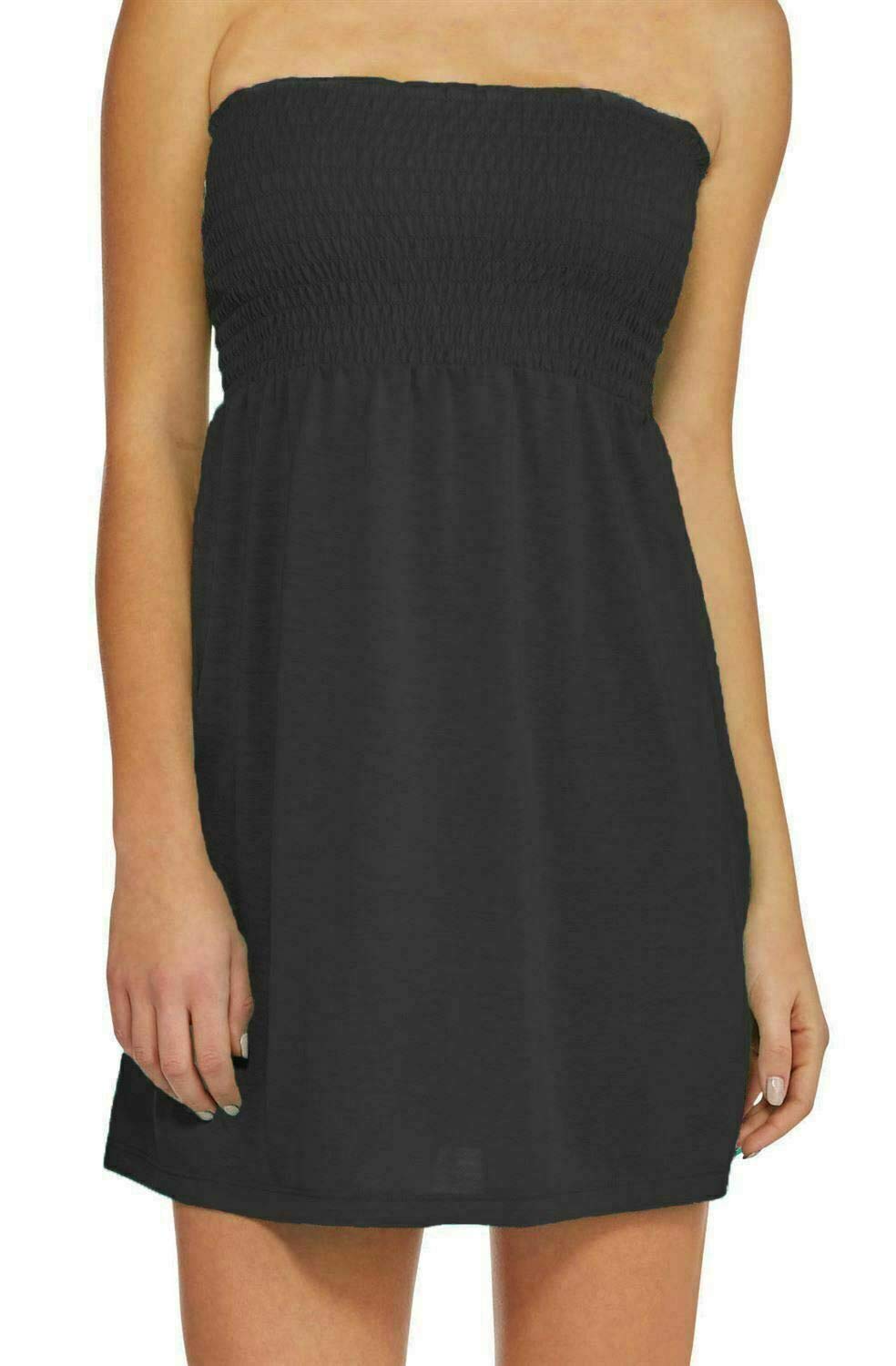Er Traders Women's Black Strapless Sheering Boobtube Gather Bandeau Top Summer Mini Dress (, Uk 12-14)