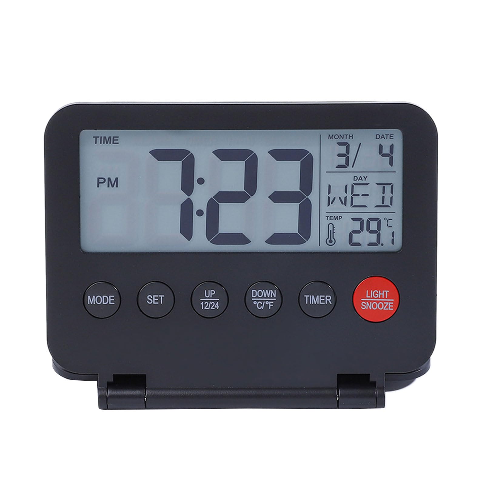 Msioytog Digital Travel Foldable Alarm Clock with Large LCD Display Calendar Temperature Gauges Snooze Backlight Battery Operated Calendar Display Clock
