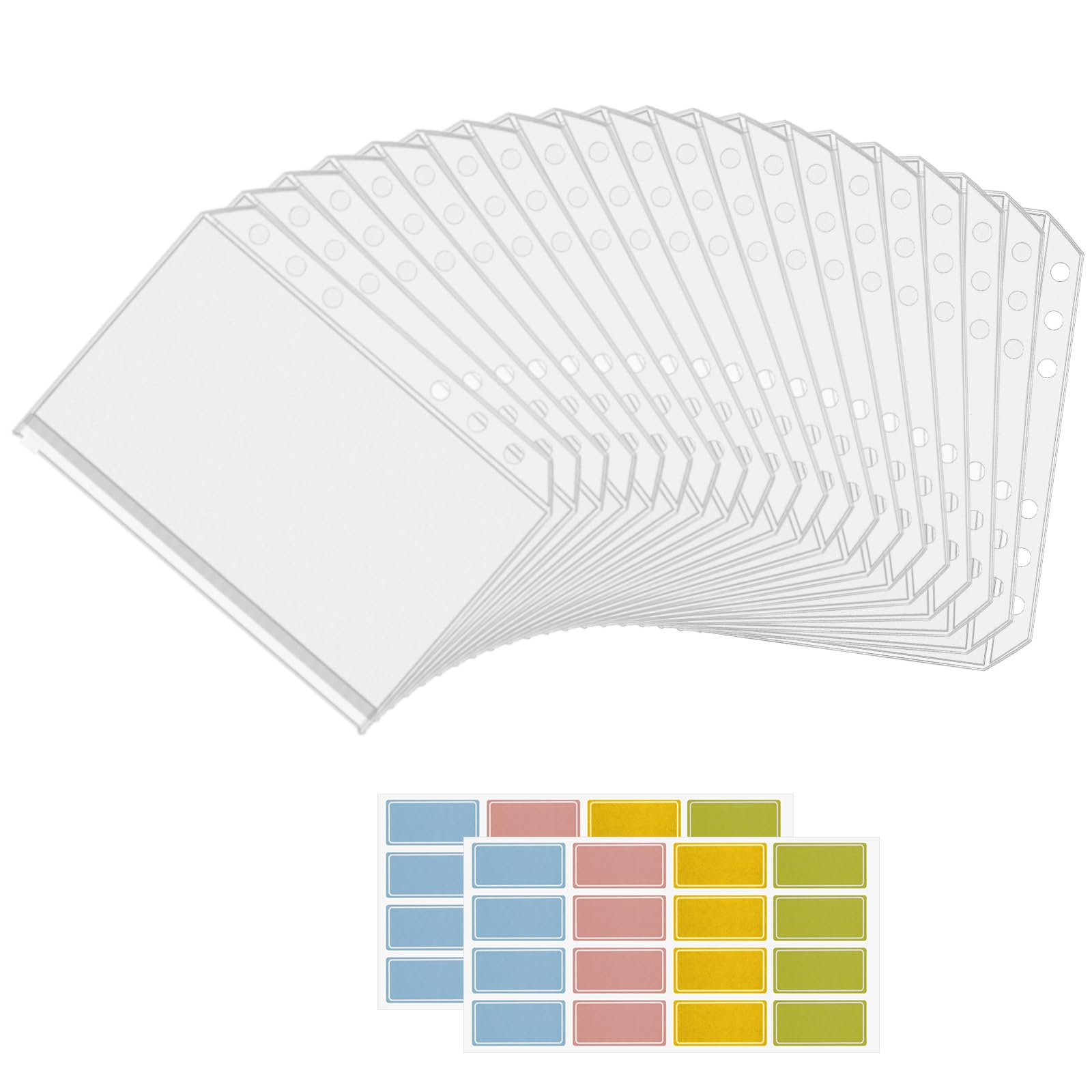 Pack of 20 A6 Zipper Bag With Label Stickers, 18 x 10.6 cm Document Binder for Bills Notebooks, transparent