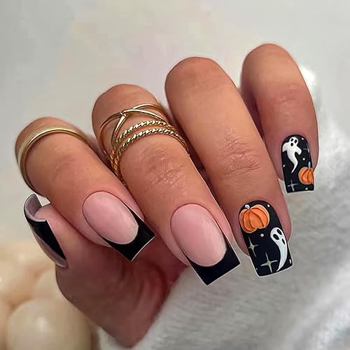 Uñas postizas a presión de Halloween, cuadradas medianas, uñas postizas de RIICFDD mate nude con bonitos ojos, arañas y telarañas, diseño de