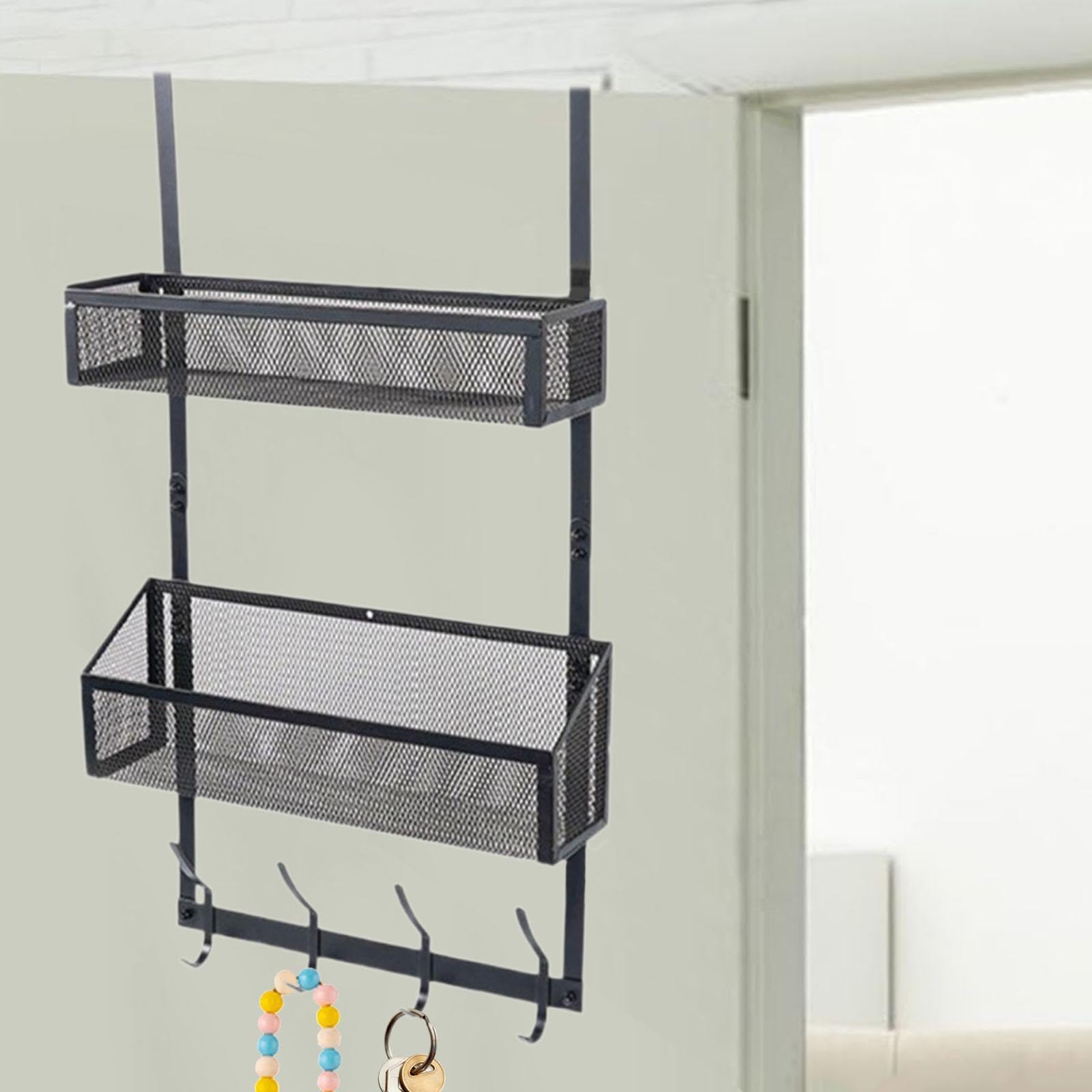 Organizador para Colgar sobre La Puerta con Ganchos, Cesta de Almacenamiento Colgante, Estante Colgante de Metal, Detrás de La Puerta, Material de Hie, Nivel Doble Negro, tal como se describe