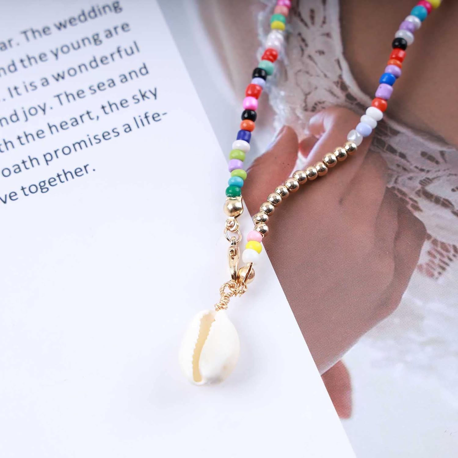 Boho Layered seed Bead Necklace Rainbow Beaded Choker Necklace Beach Shell Pendant Necklace sea shell necklace colorful rice bead necklace Jewelry for Women - Image 5