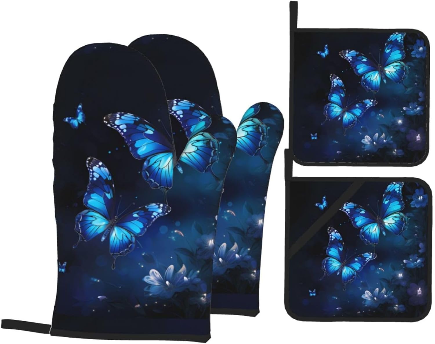 (Dark Blue Butterflies Print) Baking 4-Piece Set: 2 Oven Mitts and 2 Pot Holders Heat Resistant Waterproof Hanging Loop for Kitchen Oven Grill Housewarming Gifts