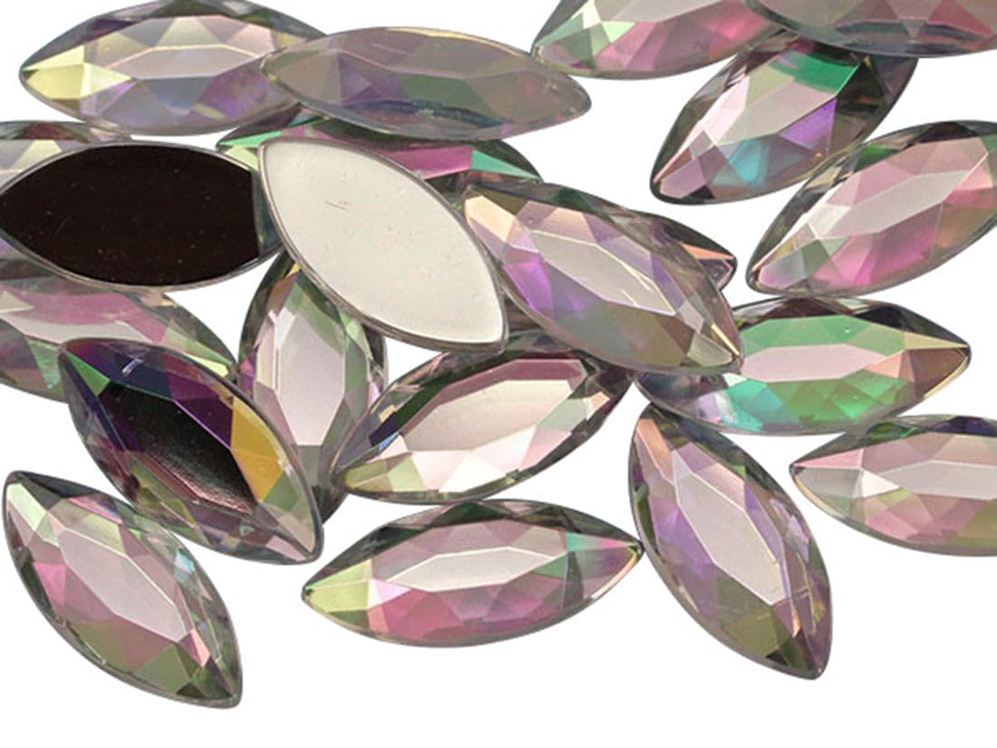 Allstarco Crystal Rainbow Crystal .Ab 15X7mm Crystal Ab Navette Flat Back Acrylic Rhinestones Marquise Gems For Crafts Horse Eye Costume Embelishments Card Making Jewels Jewelry Making Cosplay Jewels 40 Pieces