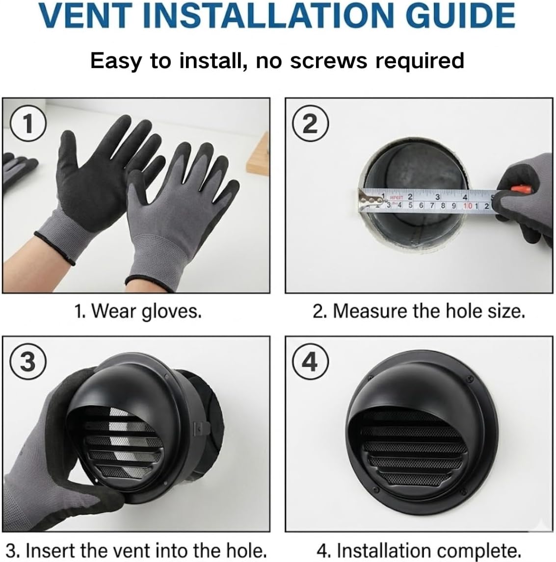 6 Inch Black Wall Vent Cover, 304 Stainless Steel Outside Dryer Exhaust Hood, 3" 4" 5" Metal Soffit Vents Grille, Air Screen Mesh Plate, Quick Snap Insert Install with Free Gloves(190mm/7.5in)