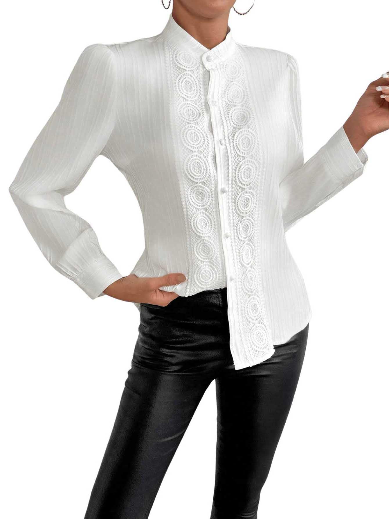 GORGLITTER Women's Lace Button Down Mandarin Collar Blouse Embroidery Pleated Business Casual Puff Sleeve Shirt Top