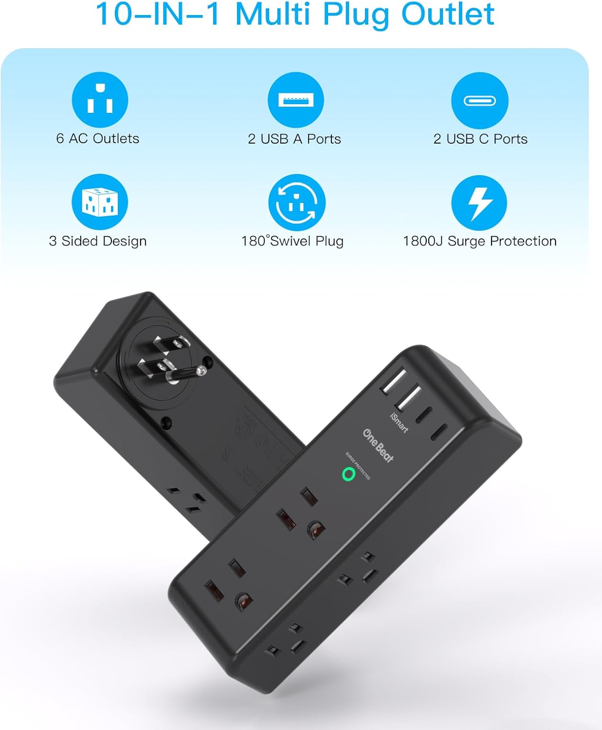 Surge Protector Outlet Extender with Rotating Plug, 6 AC Multi Plug Outlet with 4 USB Ports (2 USB C), 1800 J, 3-Sided Swivel Power Strip with Spaced Outlet Splitter for Dorm Office, Black-2 Pack
