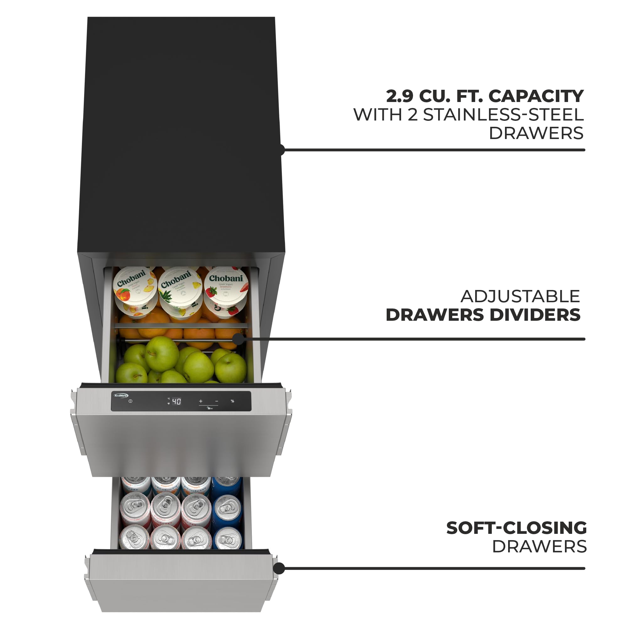 KoolMore 15 in. Panel Ready Built-In Double Drawer Refrigerator, Frost-Free Undercounter Fridge with Digital Temperature Control, Stainless-Steel Drawers, ETL Listed on Fridge.com