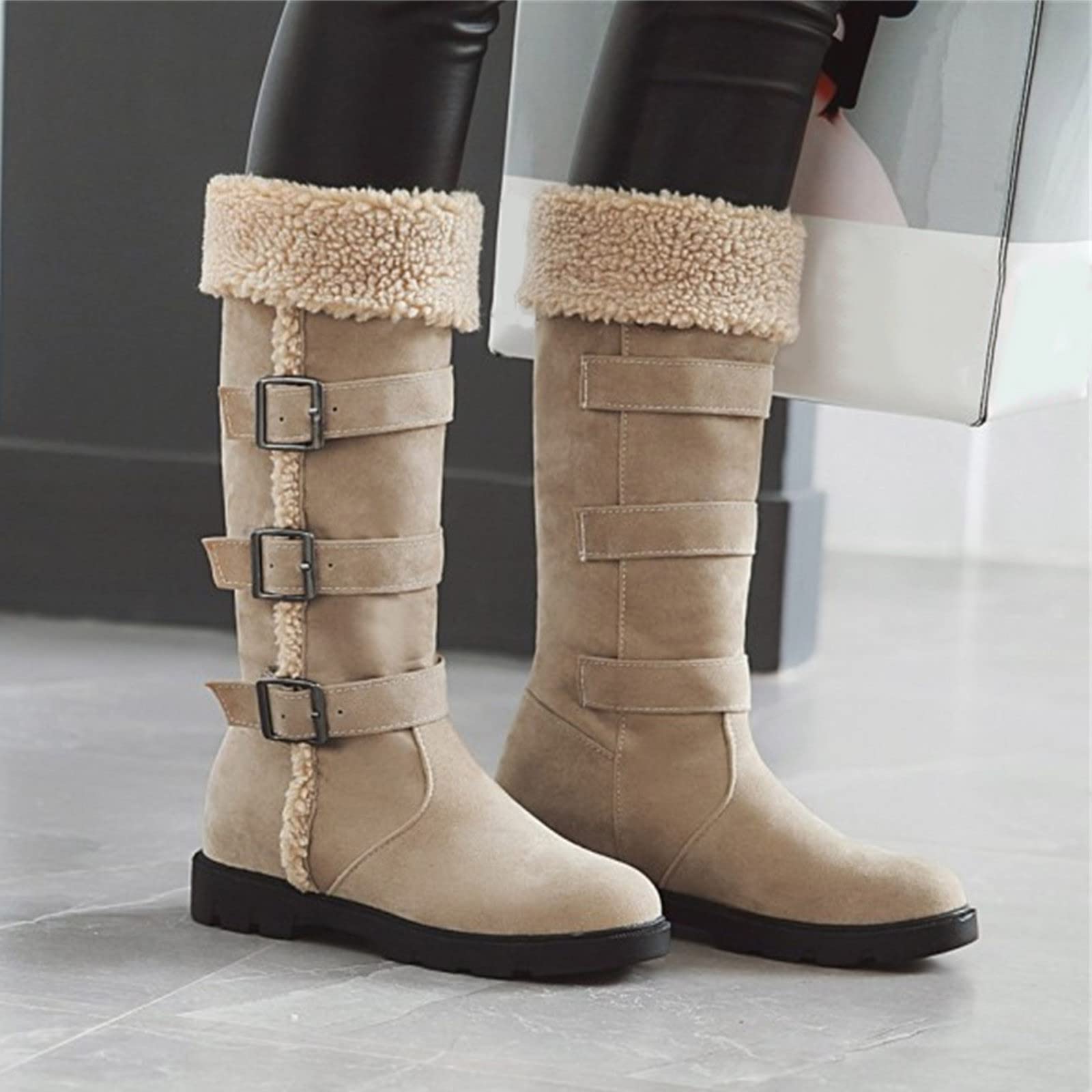 Stivali Lunghi con Fibbia per Cintura in Pelle Scamosciata Tinta Unita da Donna Stivali Lunghi in Peluche con Suola Spessa e Calda all'Interno di Stivali Alti in Cotone
