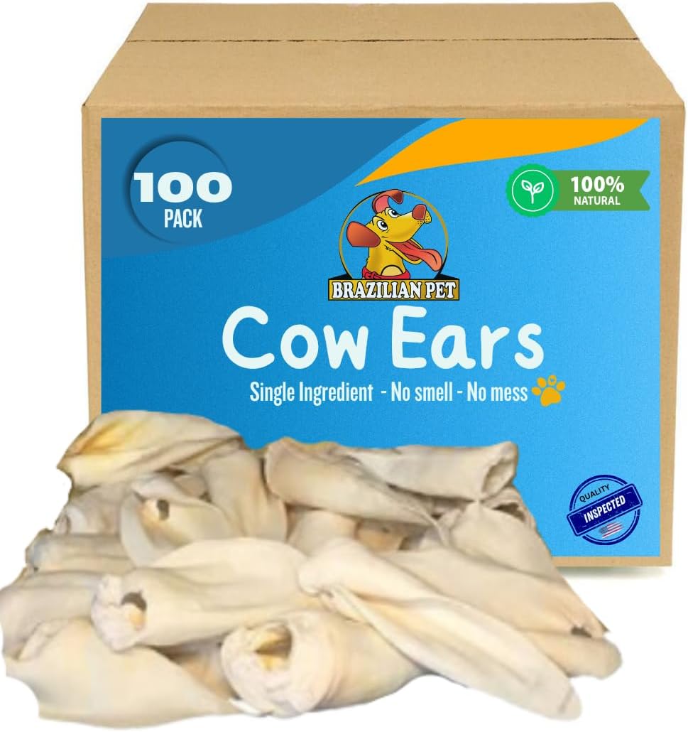 - Brazilian Pet 100% Natural - Over 5 inches- Real Cow Ears Prime Dog Chews, Free Range Grass Fed Cattle (100 Count)