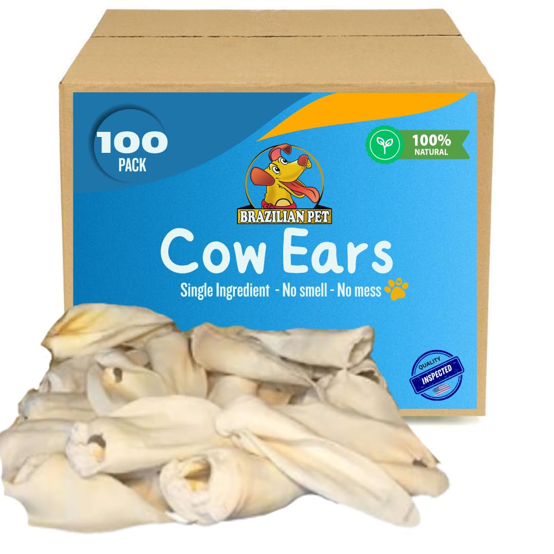 Brazilian Pet 100% Natural - Over 5 inches- Real Cow Ears Prime Dog Chews, Free Range Grass Fed Cattle (100 Count)