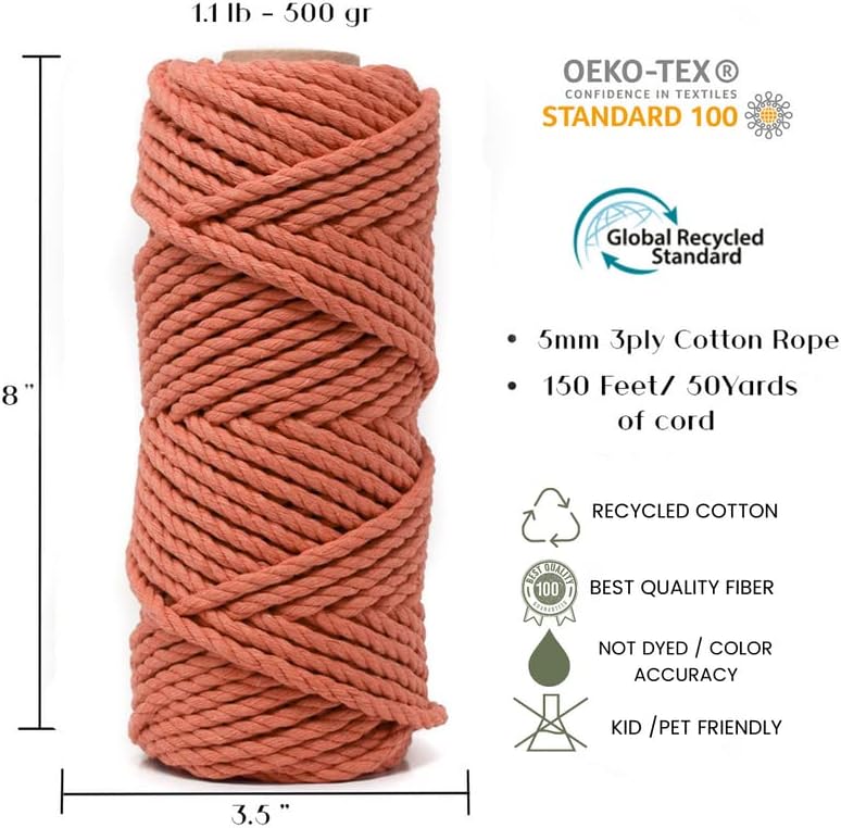 Miniatura 2 de Cordón de macramé Sunset de 0.197 in x 50 yardas, 3 hebras (150 pies), reciclado para cuerda de macramé, 3 hebras trenzadas para colgar en la pared,