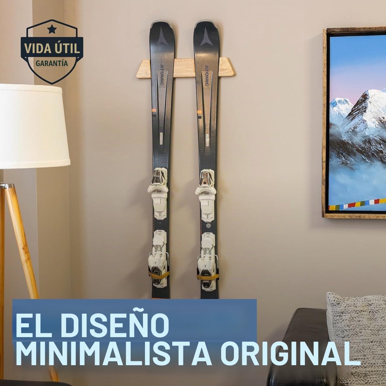 StoreYourBoard Estante minimalista de madera para esquís, soporte de exhibición de montaje en pared, madera maciza con capacidad para 50 libras
