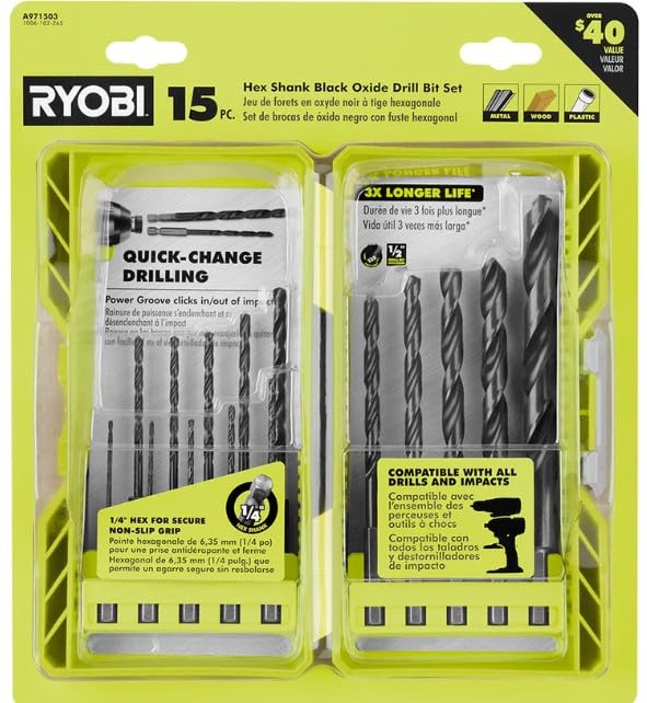 RYOBI 15 PC. Hex Shank Black Oxide Drill Bit Set with Case