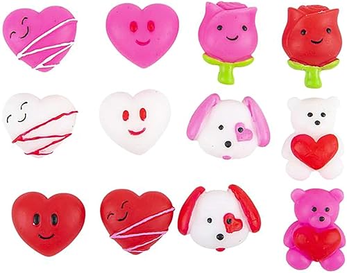 Juego de 12 juguetes esponjosos de corazón para el día de San Valentín, adorables y lindos kawaii, juguetes envueltos individualmente, tarjetas
