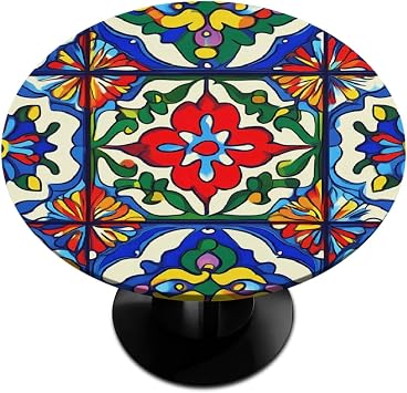 AUUXVA Mexican Ceramic Tile Pattern Round Tablecloth with Elastic Edge Bands Folk Ornament Fitted Table Cloths Waterproof Table Cover Protector for Home Kitchen Dining Patio Table 36-42 inch