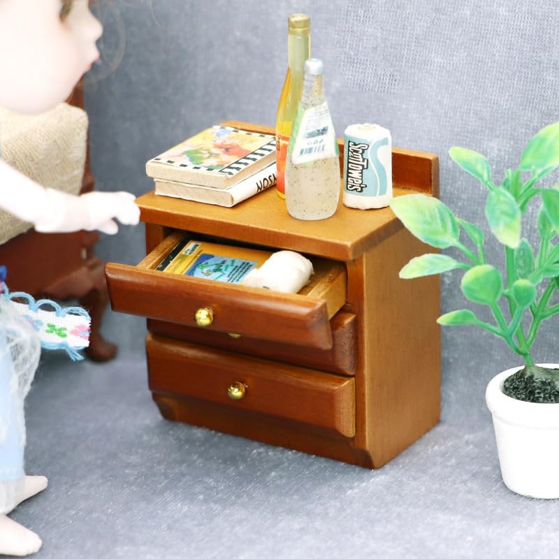 AirAds 1:12 Scale Dollhouse Miniature Bedroom Furniture Brown Bed with 2 nightstands (Set 3) Dolls Bed Dollhouse Decoration