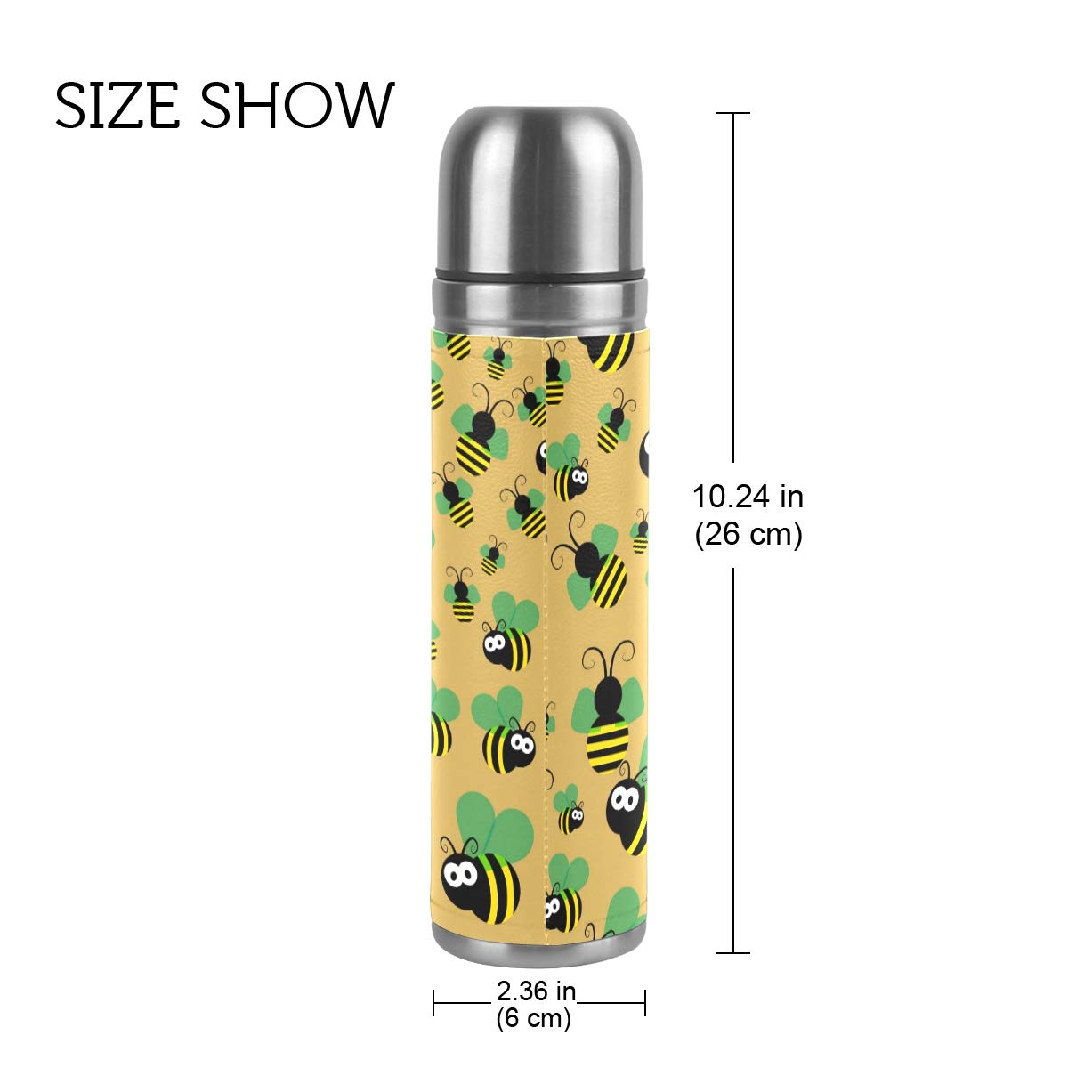 Taza de viaje aislada al vacío de acero inoxidable con doble pared a prueba de fugas, diseño de abejas con estampado personalizado impreso en piel auténtica, termo de 500 ml