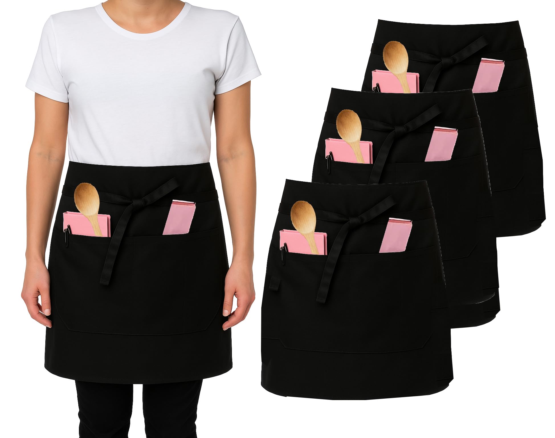 IBEX Unisex Short Waist Apron with 3 Pocket - Professional Catering, Restaurant, Bar & Kitchen Apron for Chefs, Waiters, Bartenders, Servers & Home Cooking - Black (Pack of 3)
