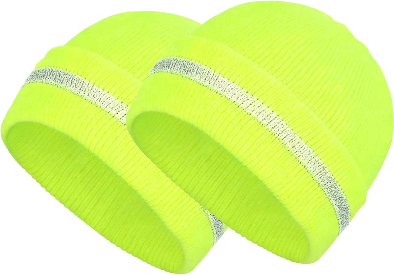 Sucrain 2 PCS Reflective Knit Hat Adult Safety Beanies Hats Warm Winter Knit Caps with Reflective Stripes for Outdoor Work