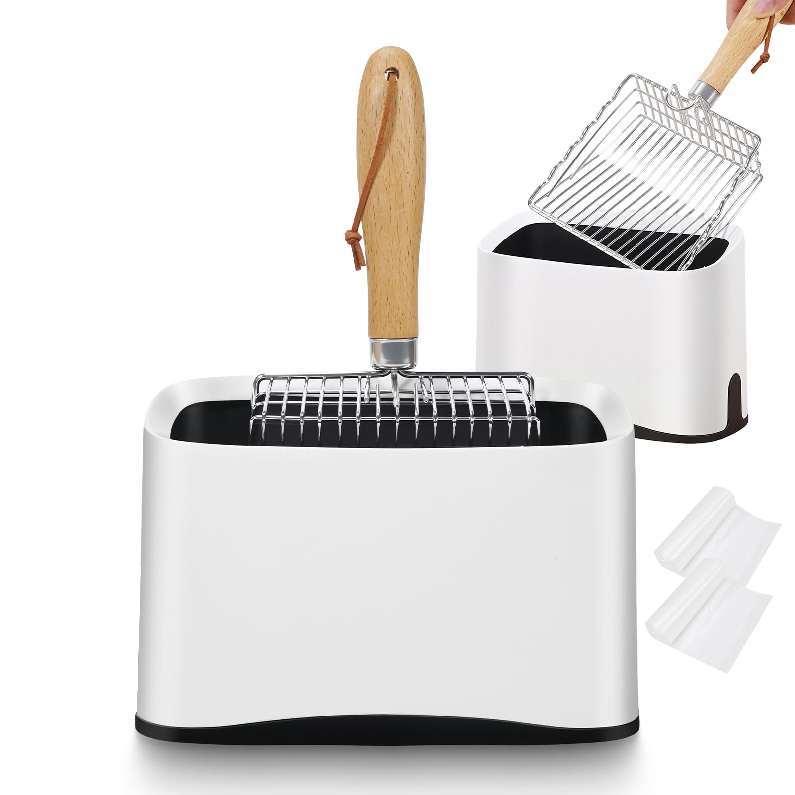 ARMLULU Metal Cat Litter Scoop with Holder, Poop Scooper with Stand&2 Rolls of Garbage Bag, Heavy Duty Stainless Steel Shovel with Wooden, Kitty Quick Sifter for Easy Cleaning, Essential Item for Cat