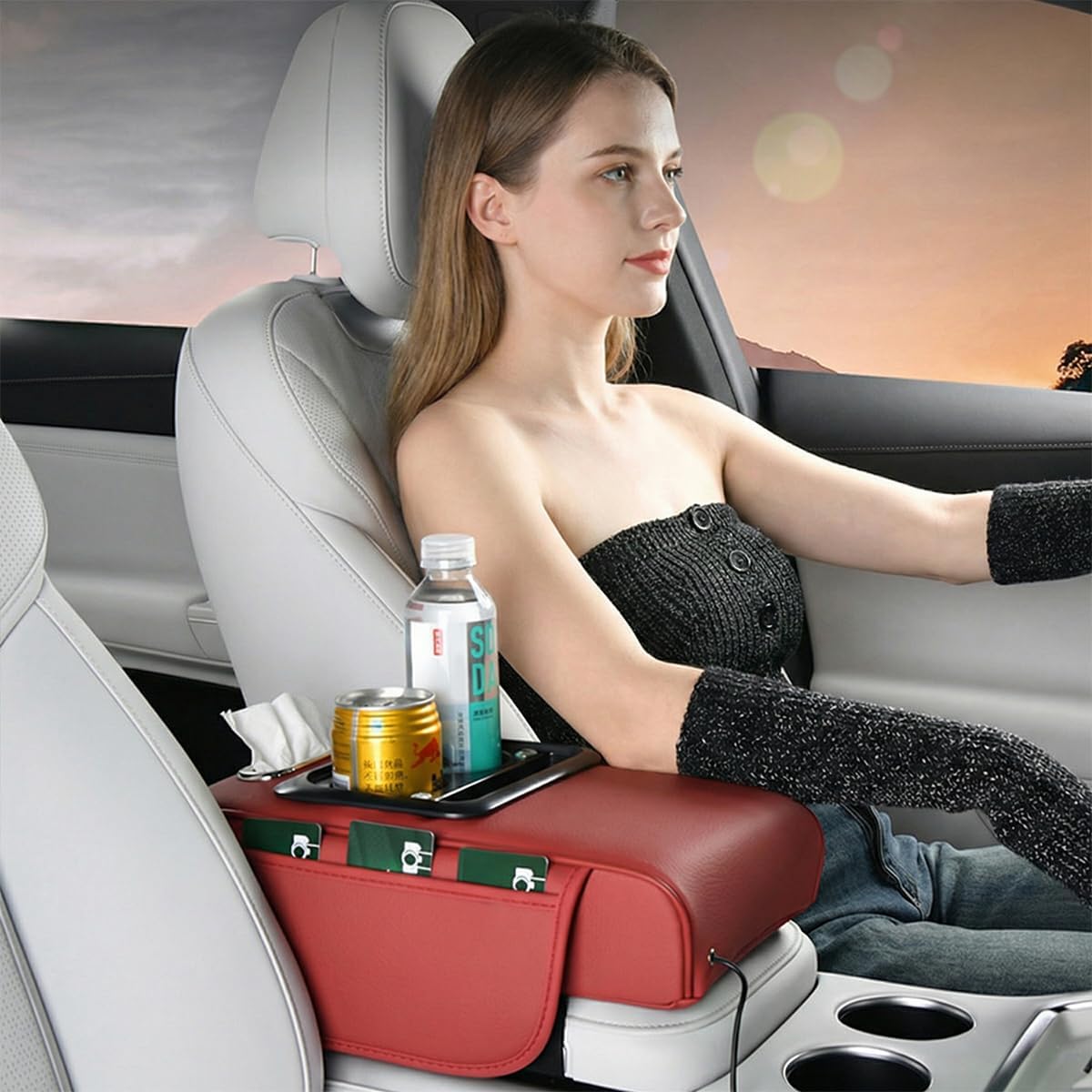 Car Center Console Armrest Pillow, 5-in-1 Memory Foam Armrest Cover with 2 Storage Bag, Tissue Box, Cup Phone Holder, Auto Middle Console Arm Rest Protector Organizer, Universal Fit (Black)