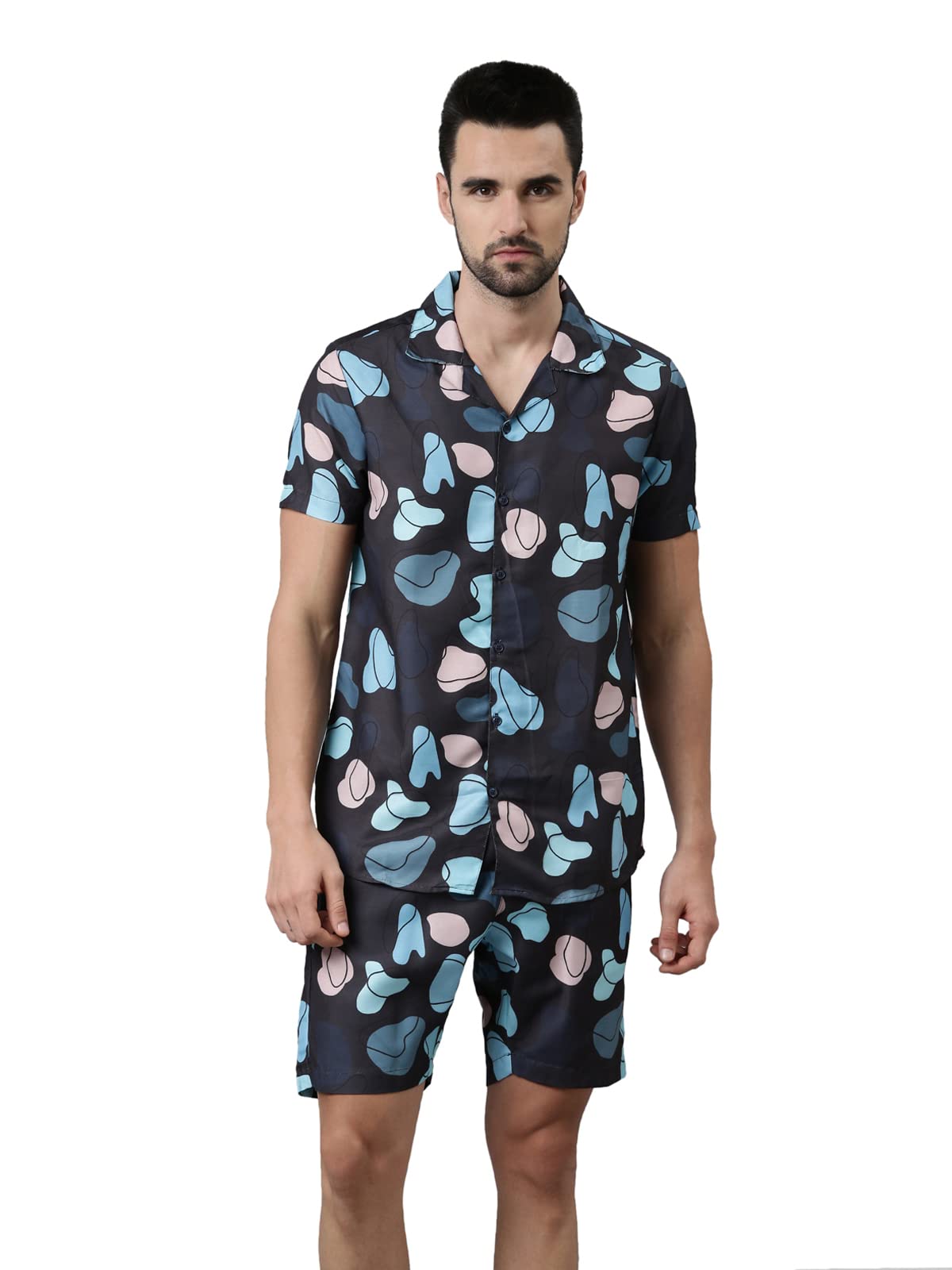 bushirt Men's Regular Sky Blue Printed Pajama Set, Short Sleeves Button Front Night Suit, Relaxed Fit Co-Ords with Chinese Collar & Elastic Waist Pajamas, Stylish & Comfortable Sleepwear - S-picture-37