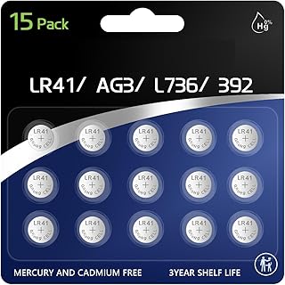 HoootCell AG3 Battery SR41 Watch Battery L736f Batteries LR41 L736 392 384 192 A63 736 G3 1.5V Alkaline Button Cell Batteries 15 Count