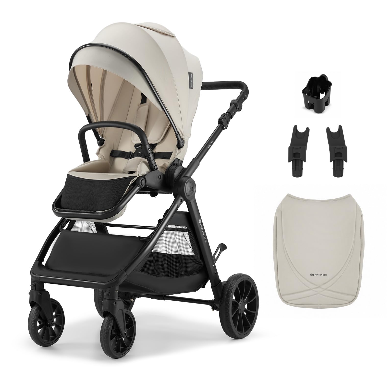 Kinderkraft VESTO 2 Passeggino fino a 22 kg, seduta reversibile fronte mamma e mondo, chiusura con seduta montata, self-standing, ruote ammortizzate, Beige