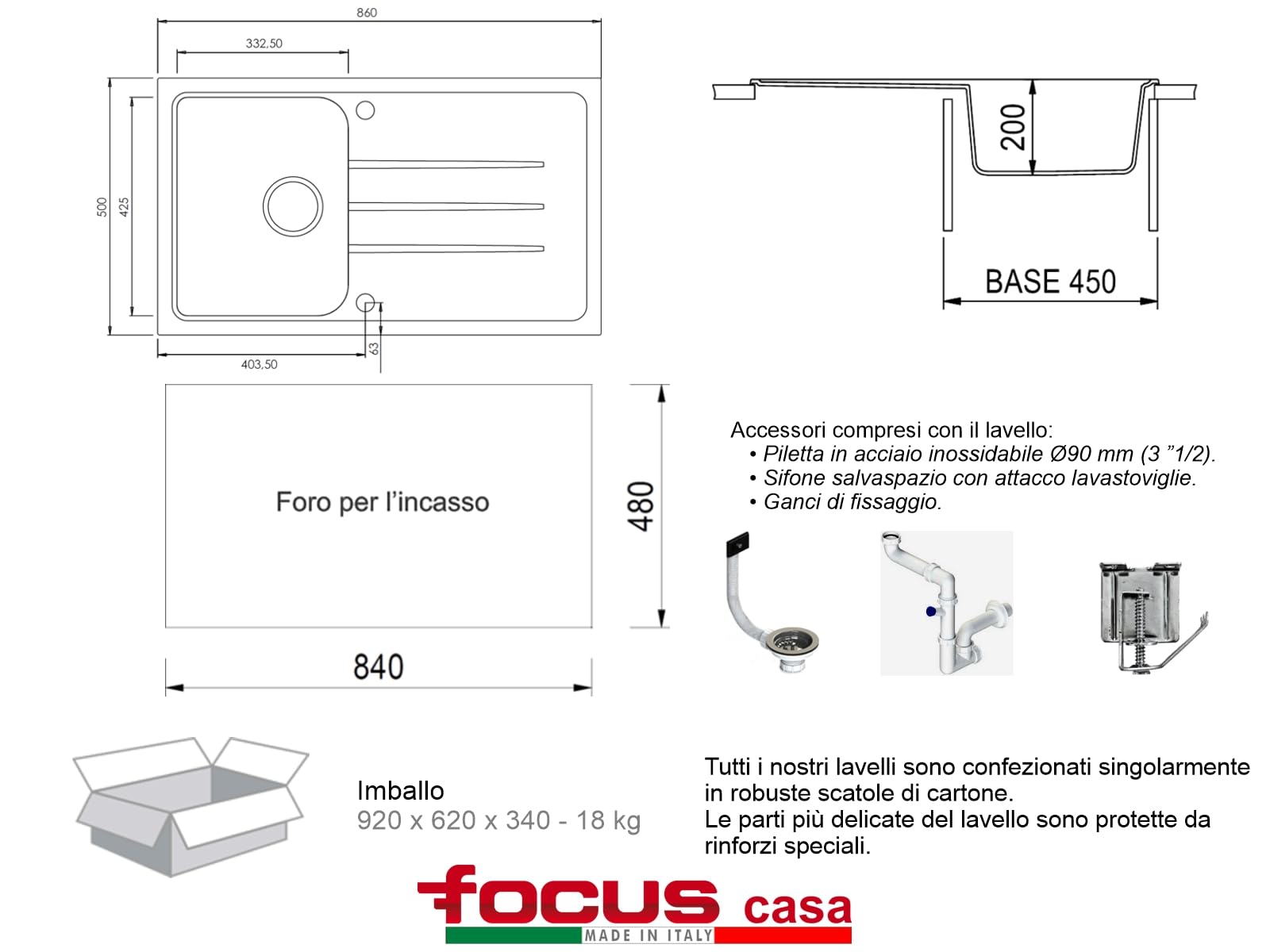 Lavello cucina Romeo nero 1 vasca con gocciolatoio cm 86 x 50 Made in Italy