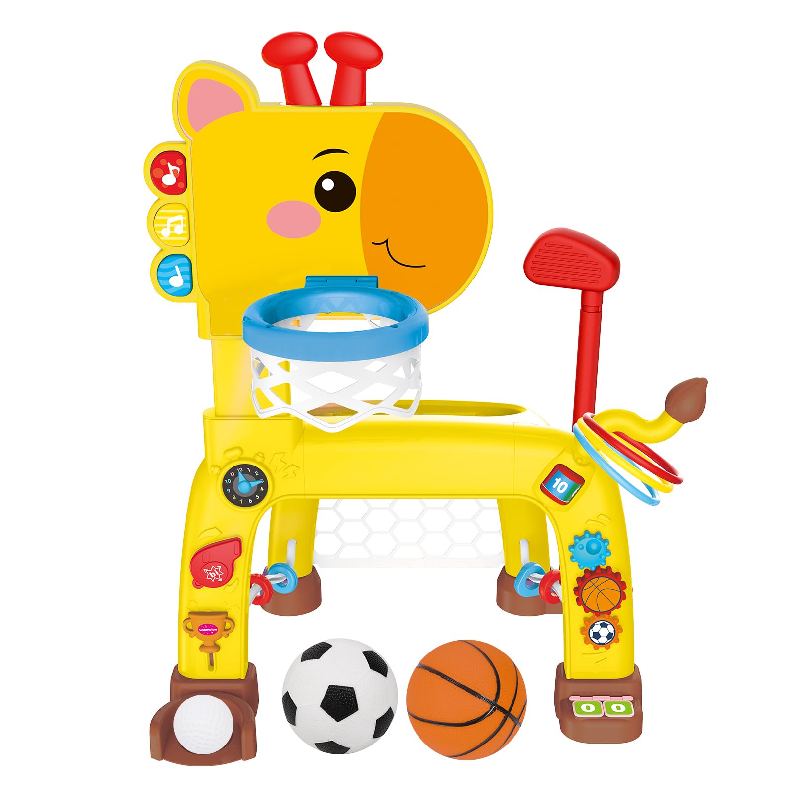 Wdmiya Centro Deportivo 4 en 1 para Niños, Centro de Deportes con Baloncesto, Fútbol, Lanzamiento del Anillo, Golf y Musical,Canastas Baloncesto Infantiles Actividad con Altura Ajustable
